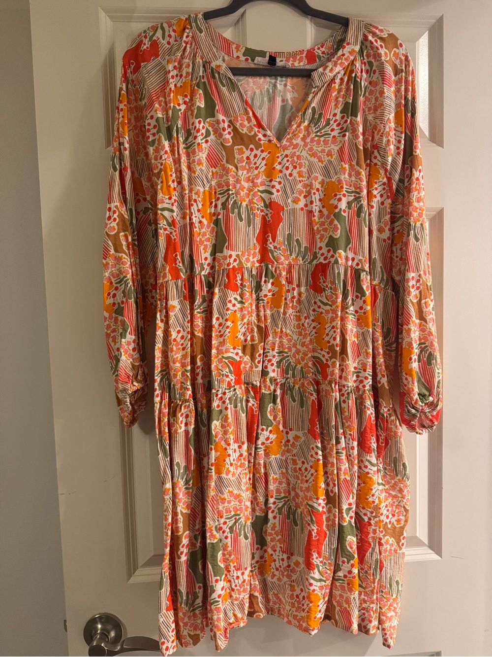V-Neck Floral Tiered Midi Dress in Coral, Olive & Cream